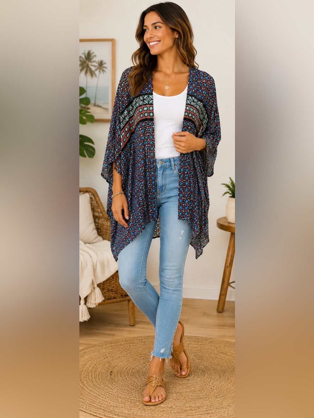 86 Victoria’s Secret Geometric Print Kimono Cardigan Cover Up Blue Burgundy M/L